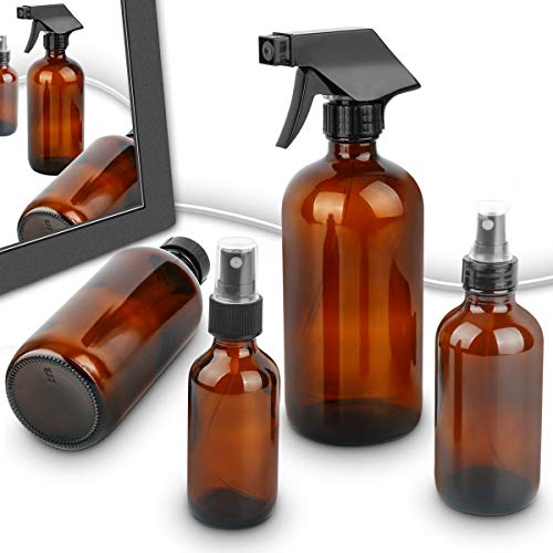 Glass Spray Bottle, ESARORA Amber Glass Spray Bottle Set - Essential Oils - Cleaning Products - Aromatherapy (16OZ x 2, 8OZ x 2, 4OZ x 2, 2OZ x 2)