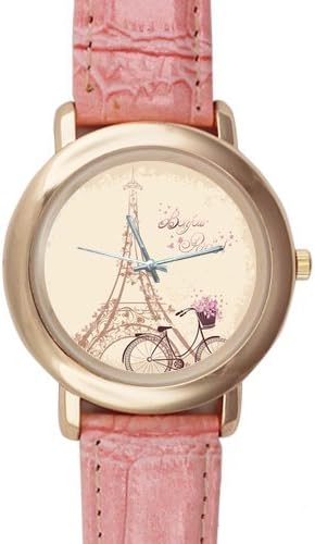 Gifts for Girls or Ladies Classic Eiffel Tower Bycicle Art Pink Leather Alloy High-grade Watch