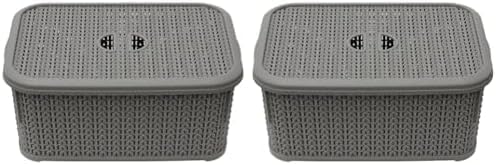 JVL 13-356GY Knit Design Loop Plastic Lidded Rectangular Storage Basket with Handles, Grey, 20 x 28.5 x 12.5 cm, 6 Litres (Pack of 2)