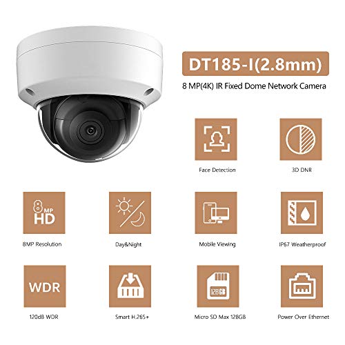 UltraHD 8MP 4K Outdoor Security PoE IP Camera OEM DS-2CD2185FWD-I, 2.8mm Fixed Lens, 3840Ã—2160 Resolution Dome Network Surveillance Camera, 30m Night Vision, Micro SD Card Slot H.265+,IP67,ONVIF,IK10