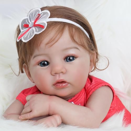 Bebê Reborn Boneca Menina Realista Silicone Olhos Azuis Macacão Vermelho 48cm Cabelo Implantado com Acessórios Original Presentes