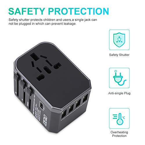 LOETAD Travel Power Adapter Universal All in One Wall Charger International AC Power Plug Adapter with 3.0 A Type C and 4 USB for UK USA EU AUS Asia