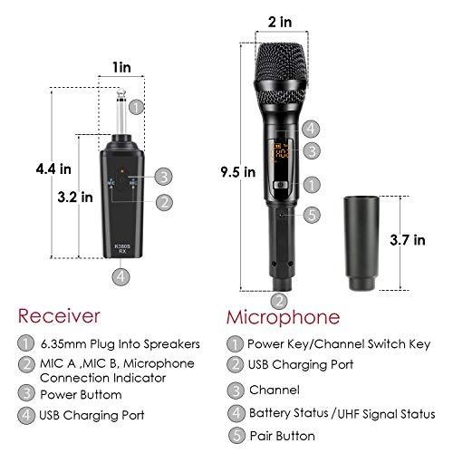 K380S Karaoke Wireless Microphone - GIKPAL Professional UHF Cordless Dual Handheld Rechargeable Microphones with Receiver 6.35mm(1/4'') Plug Dynamic Mic System Set for Karaoke,Voice Amplifier (Black) - Thumbnail 6