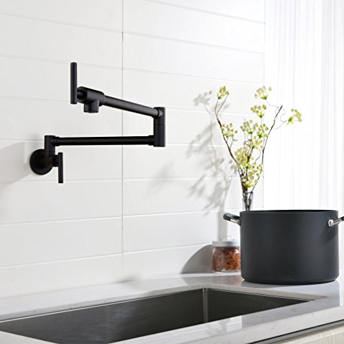 Pot Filler Double Joint Spout Folding Stretchable Swing Arm Wall Mounted Brass Kitchen Faucet, Single Hole Two Handle Kitchen Sink Faucet Matte Black,PHASAT,71211B