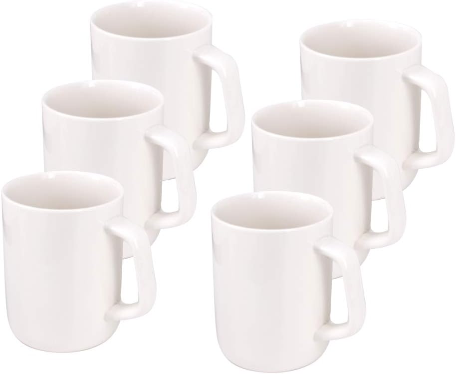 BPFY Set of 6 Ceramic Mugs 13 Ounce for Coffee, Tea, Cocoa, Modern Style White Ceramic Coffee Mug with Square Handle