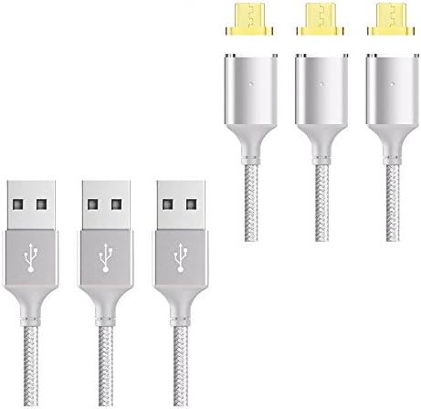 KRIPT 3 Pack Upgraded 1m/3.3ft Nylon Bradied Magnetic Micro USB Cable with LED Indicator for Android Device (3.3FT/3 Pack silver)
