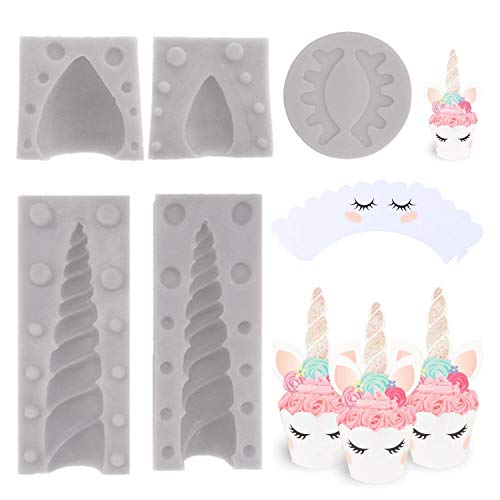 Kabi 5PCS Unicorn Silicone Cake Toppers Mold Set for Baking Cake Decoration Making Sugar Craft Candy Chocolate,with Unicorn Cupcake Toppers & Wrappers Double Sided 12 Sets
