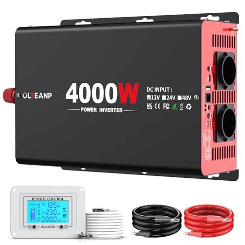 4000W DC 12V to AC 230V Car Power Inverter with 2 AC Outputs, 30W Type-C Port, 3.1A USB Port and LCD Display Remote Control Truck Power Converter