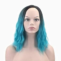 30cm Short Curly Hair Wig Pink Blue Root Synthetic High Temperature Fiber Hair Wigs (Black Blue)