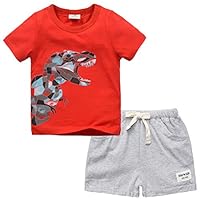 Little Boys Summer Clothes 100% Cotton Short Sleeve Red Cartoon Dinosaur T-Shirt and Shorts Set 2PCS (Gray,5T)