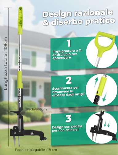 YISSVIC 4 Claw Manual Weed Remover Stainless Steel with Pedal, Telescopic Root Extractor, 108 cm, Non-Slip Adjustable D-Shaped Handle for Garden