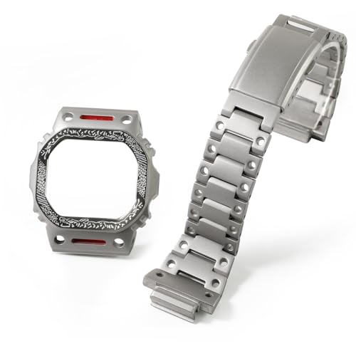 Neuupesen DW-5600 Mod Kit Tiger Rock Carving Pattern Bezel Stainless Steel Case Solid Metal Strap Bracelet for GW-B5600 GB-5600 GWX-5600 DW-5700/5735/5750 Watch Part Replacement