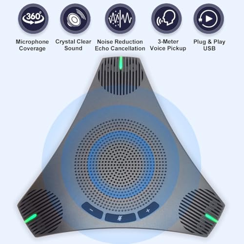 Conference Speaker and Microphone - 360° Omnidirectional USB Speakerphone with USB Hub, Features Noise Reduction and Echo Cancellation, Ideal for 8-10 People in Business Conferences and Home Offices.