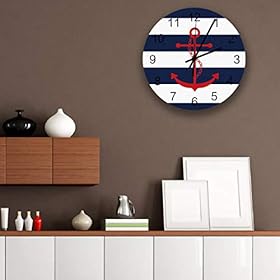 12 inch Round Wooden Wall Clock, Stylish Silent Non-Ticking Battery Operated Clock, Nautical Red Anchor Navy Blue and… 41McWs2SeML