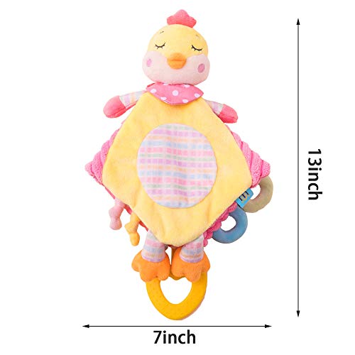 Baby Rattles Security Blanket Soft Fabric Lovey Blanket with Lovely Animal, Helps Calm Kids to Sleep for Infants, Newborn (Chick)