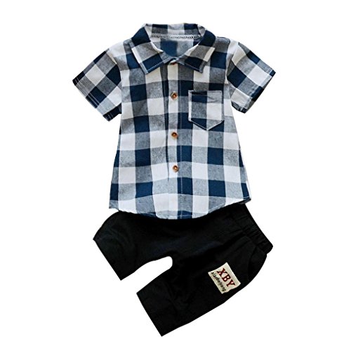 TiTCool Toddler Cool Baby Boy Plaid T Shirt Tops+Short Pants 2Pcs Outfits Clothes Set (Blue, 24M)