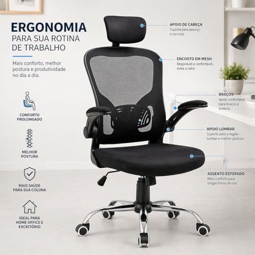Cadeira Ergonômica para Escritório com Apoio de Cabeça, Cadeira Presidente Giratória Ajustável, Encosto em Tela Mesh Respirável, Conforto para Home Office