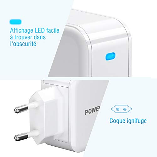 POWERADD Chargeur Secteur Mural USB C -30 W Quick Charge Protections Multiples avec Indicateur LED Compatibilité Universelle Compact et Portable Blanc pour Smartphone Tablette