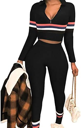 Womens 2 Pieces Sportwear Set Long Sleeve Hoodies Crop Tops+Colorblock Stripe Skinny Pants Tracksuit Set