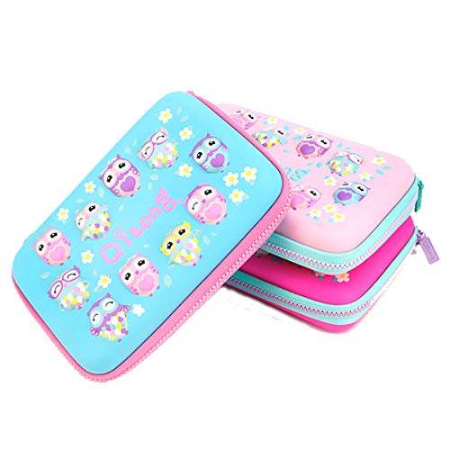 Hard Shell Pencil Case Cute 3D Owls Embossed Design Hardtop Pen Box with Big Capacity Stationery Pouch for Kids (Blue)