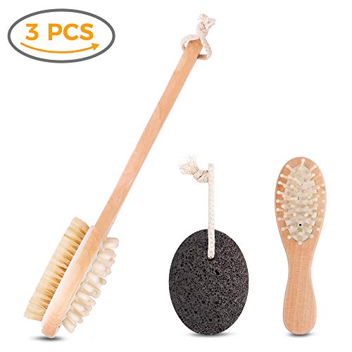 Dry Skin Body Brush Set Exfoliating Back Brush for Shower with 100% Natural Boar Bristle Brush & Hair Brush & Foot Pumice Stone, Wooden Round Bath Brush for Lymphatic Scrub, Detox , Cellulite Massage Brush Gift Set - Thumbnail 7