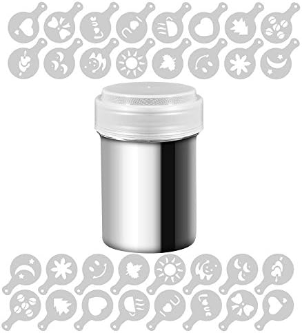 Stainless Steel Powder Shakers,Shaker Powder Cans for Coffee Cocoa Cinnamon Powder,with 2 Pack 16 Pcs Coffee Decorating Stencils