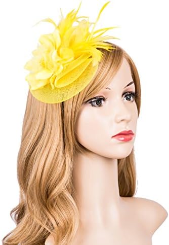 Kathyclassic Womens Fascinator Veil Flower Cocktail Tea Party Headwear Derby Hat (Yellow)