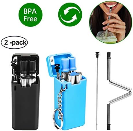 2 Pack Collapsible Straws Folding Drinking Straw Reusable Stainless Steel Case with Keychain Cleaning Brush Portable Straw Dispensers for Gift (Black&Blue)