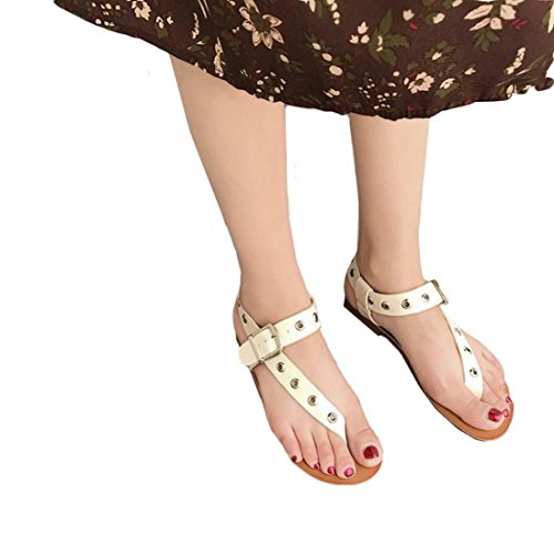 Click Here to See More Images Women Beach Peep-Toe Outdoor Sandals Fashion Women Rome Punched Metal Buckle Sandals Concise Flat Bottom Shoes (US:6, White)