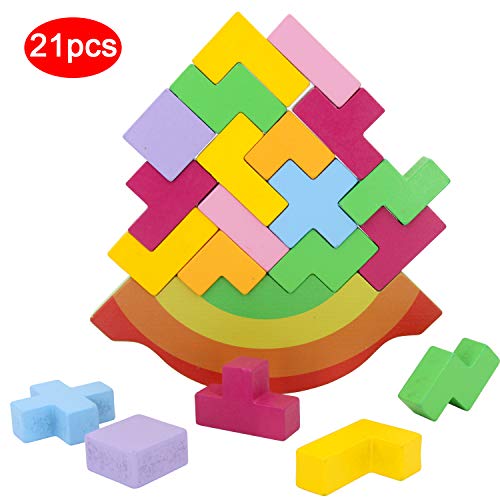 Sealive 21PC Wooden Stacking Blocks Balancing Game - Tetris Puzzle Balancing Toys for Kids Montessori Educational Toys Wood for Kids Stacking Toys for 3 Year Old - Sorting Blocks for Preschool Kids - Thumbnail 7