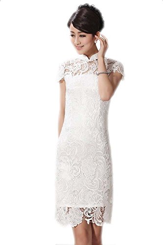 AvaCostume Women's Cap Sleeve Slim Qipao Dress Illusion Neck Lace Dress
