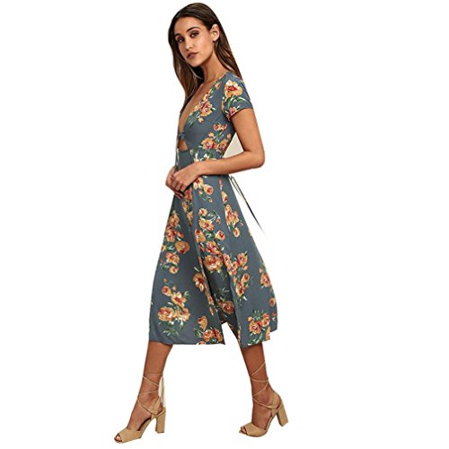 Nesee Summer Women Sexy Short Sleeve Deep V-Neck Split Print Bandage Long Dress (S)