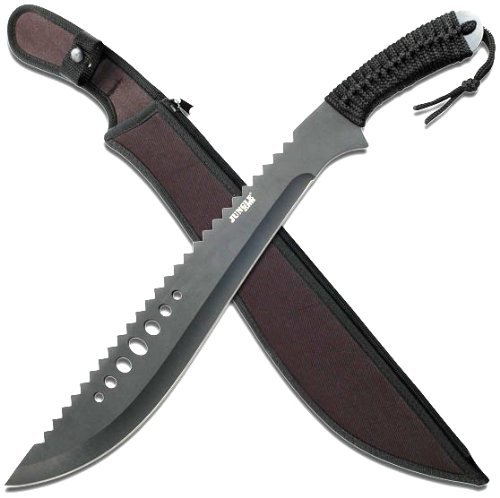 Jungle Master JM-031B Machete, Black Reverse Serrated Blade, Black Cord-Wrapped Handle, 21-Inch Overall