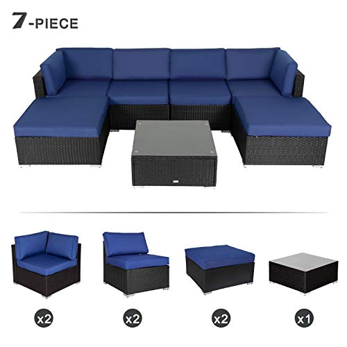 Peach Tree 7 PCs Outdoor Patio PE Rattan Wicker Sectional Sofa Furniture Set with 2 Pillows and Tea Table