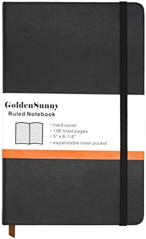 GoldenSunny Bullet Journal Hardcover Notebook Lined Paper with Pocket, 196 Ruled Pages, 5 x 8.25 Inches, Black