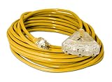 50-ft 14/3 Heavy Duty 3-Outlet Lighted SJTW Indoor/Outdoor Extension Cord by Watt's Wire - Yellow 50' 14-Gauge Grounded 15-Amp Three-Prong Power-Cord (50 foot 14-Awg)