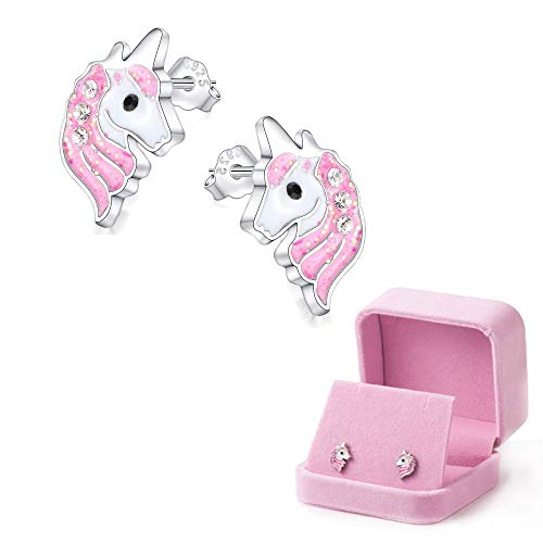 Cute Unicorn Stud Earrings Light Pink Sparkling for Little Girls Kids Jewelry Birthday Party Christmas Gifts with Velvet gift Box (Earrings)