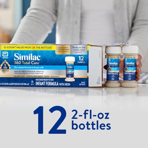 SIMILAC 360 TOTAL CARE INFANT FORMULA, HAS 5 HMO PREBIOTICS, OUR CLOSEST PREBIOTIC BLEND TO BREAST MILK, NON-GMO,‡ BABY FORMULA, READY TO FEED, 2-FL-OZ BOTTLE, PACK OF 12