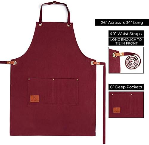 Rivanio Maroon Canvas Apron, Long with Large Pockets - Bar, Kitchen, Grilling, Workshop Aprons for Men and Women - Adjustable Neck and Waist Straps - Stylish, Bib Apron for Chef, Artist, Barista