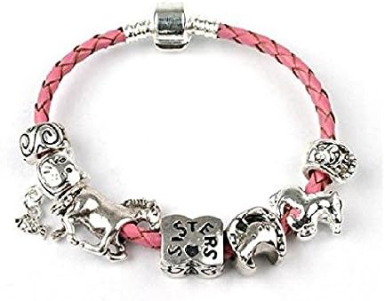 liberty charms Teenagers 'Wild Horses' Sisters Pink Leather Charm/Bead Bracelet with Silver Plated Clasp