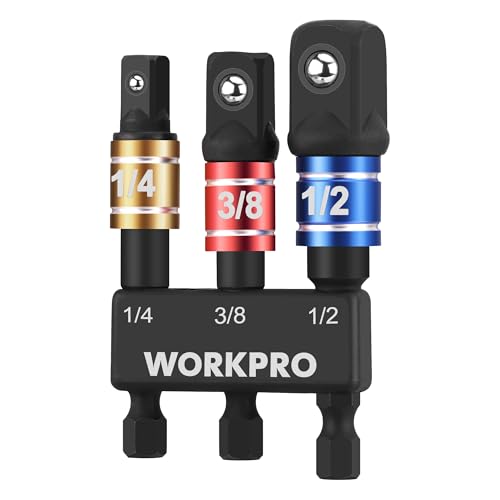 WORKPRO Socket Adapter Set 3 Pieces, Socket Adapter for Drill with 1/4 Inch Hex Shank, 1/4 Inch, 3/8 Inch and 1/2 Inch Converter, Impact Wrench Adapter and Screwdriver