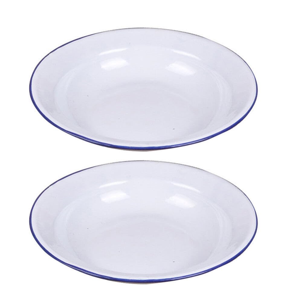 Luxshiny Enamel Serving Bowl 2pcs Enamel Bowls Vintage Soup Bowl 16cm White Ware with Blue Rim Retro Soup Basin for Fruit Salad Pasta Metal Mixing Bowls
