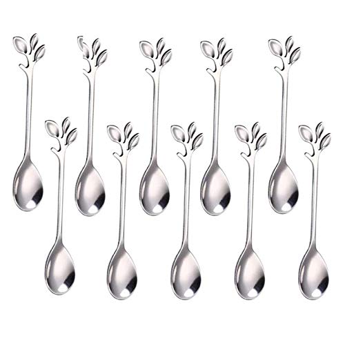 Stainless Steel Leaf Coffee Spoon, SZBAIDEKJ 10 Pcs Creative Tableware Dessert Spoons, Stirring, Mixing, Sugar, Stir, Ice Cream Teaspoon Set (Silver)