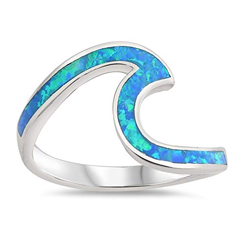 Princess Kylie Simulated Opal Blue Large Ocean Wave Ring Sterling Silver