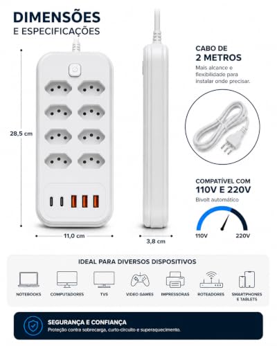 Filtro de Linha Extensão Elétrica 8 Tomadas 5 USB PD 30W Cabo 2m | Centralize energia e carregamento em um só lugar com 8 tomadas, 5 portas USB, cabo de 2 metros e potência de até 2500W.