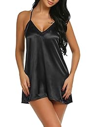 ELOVER Women Lingerie Sexy Satin Nightgown V Neck Nightwear Sleepwear Lace Babydoll Chemise Full Slip Dress