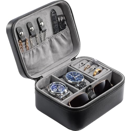 ProCase Travel Watch Case, 2 Slots PU Leather Mens Jewelry Box, Portable Watches Cufflinks Accessories Storage Case, Zippered Carrying Organizer Bag for Man -Black
