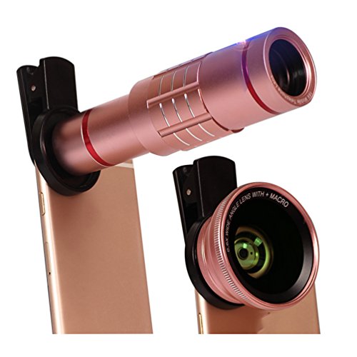 Universal 4 in 1 HD 12x Zoom Phone Telescope 180 Degree Fisheye 0.45X Wide Angle 12.5x Micro Lens Metal Clip Phone Camera Lens Set(Rose gold)