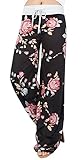 Artfish Women Loose Baggy Yoga Long Pants Floral Printed Trousers (L, Black)