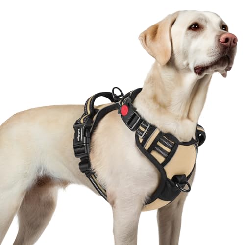 rabbitgoo Medium Dog Harness with 3 Buckles, Neck Release, Adjustable Dog Harness with Handle and Front Clip, Reflective Anti-Pull Harness for Dogs Training Running, Brown, L